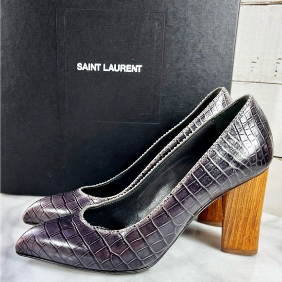 YSL Yves Saint Laurent Black Croc-Embossed Heels - Picture 3 of 9